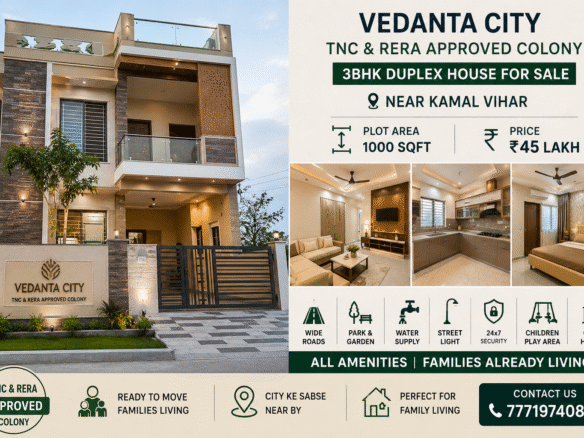 Spacious living room with false ceiling and vitrified flooring in a 3BHK duplex near Kamal Vihar, Raipur.