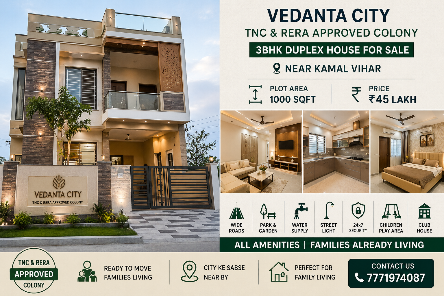 3bhk-duplex-sale-kamal-vihar-raipur.jpg Spacious living room with false ceiling and vitrified flooring in a 3BHK duplex near Kamal Vihar, Raipur.